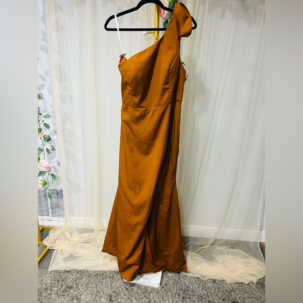 Rust One-Shoulder Maxi Dress | Size 16 | Front Slit | Corset Back